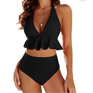 Black Halter Ruffle Bikini Set